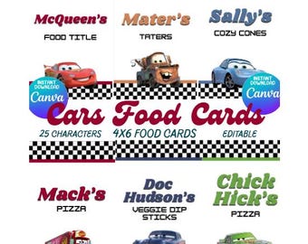 CANVA Editable Digital Cars Food Cards | Cars Party | Food Signs | Car Decorations | Lightening McQueen | Mater | Cars Birthday