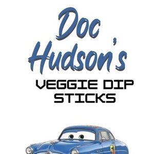 May include: A promotional image for "Doc Hudson's Veggie Dip Sticks" featuring a blue cartoon car with the number 51. The text "Doc Hudson's" is in blue script, and "VEGGIE DIP STICKS" is in bold, black, block letters. The background has a checkered flag design.