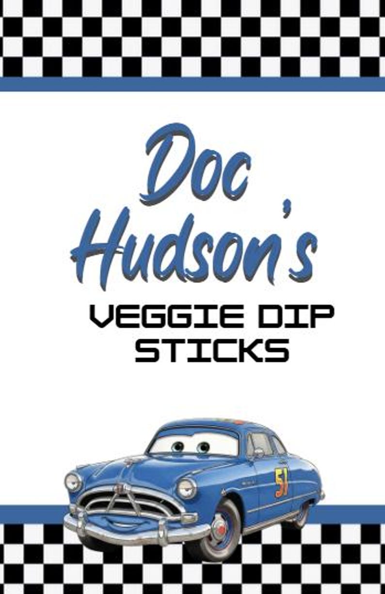May include: A promotional image for "Doc Hudson's Veggie Dip Sticks" featuring a blue cartoon car with the number 51. The text "Doc Hudson's" is in blue script, and "VEGGIE DIP STICKS" is in bold, black, block letters. The background has a checkered flag design.