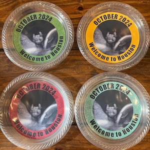 May include: Four round clear plastic containers featuring circular labels with a black and white ultrasound image in the centre. The labels have glittery borders in green, yellow, red, and teal, with the text OCTOBER 2024 Welcome to Houston.