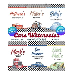 May include: A Cars Watercolor design featuring illustrations of characters from the movie, including Lightning McQueen, Mater, and Sally. The design includes food titles and is labeled as editable and a Canva instant download.