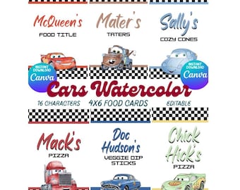 Tarjetas de comida de Cars con acuarela digital editables en CANVA / Fiesta de Cars / Letreros de comida / Decoraciones de coches / Rayo McQueen / Mater / Cumpleaños de Cars
