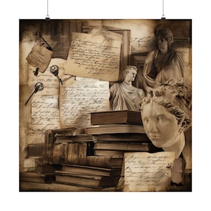 Pósteres satinados, arte mural de Dark Academia, impresiones de collage vintage, llaves antiguas, tonos sepia, esculturas clásicas, libros antiguos, escritos a mano