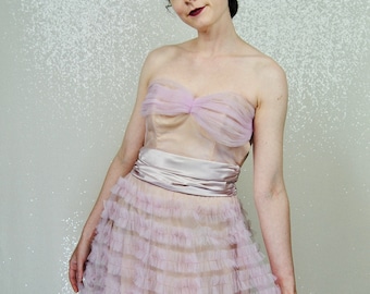1950s Vintage Dusty Pink & Pale Lavender Tulle Cupcake Formal Ball Gown - Xs