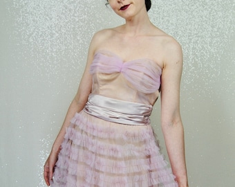 1950s Vintage Dusty Pink & Pale Lavender Tulle Cupcake Formal Ball Gown WOUNDED- Xs