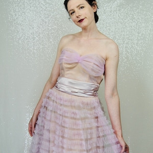 1950s Vintage Dusty Pink & Pale Lavender Tulle Cupcake Formal Ball Gown WOUNDED- Xs