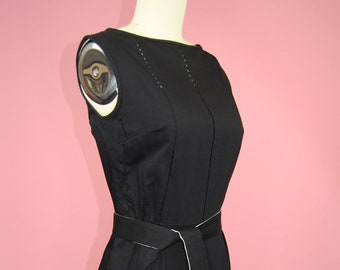 1950's 1960's Vintage Classic Black Sheath Wiggle Dress with Sash - XS to S