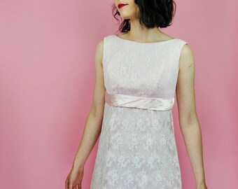 1960s Pale Pink Lace Gown with Satin Sash and Unique Back WOUNDED- Sm