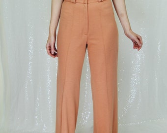 1970s Vintage Soft Orange-Peach Knit High Waist Wide Leg Pants - Sm to Md