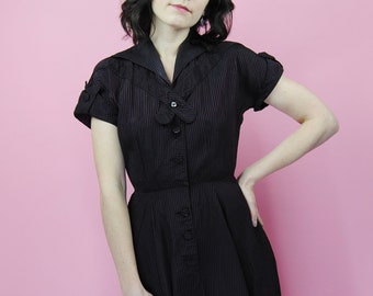 1950s Black and Pink Hostess Dress with Pockets- Sm