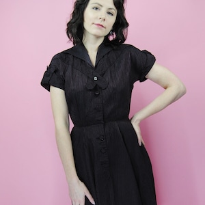 1950s Black and Pink Hostess Dress with Pockets- Sm
