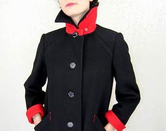 1980s Pauline Trigere Black Coat w/ Red Trim - Sm to Md