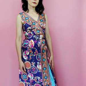 1960s 1970s Liberty Circle Purple Orange Psychedelic Funky Abstract Faux Wrap Maxi Dress with Belt - XS