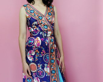 1960s 1970s Liberty Circle Purple Orange Psychedelic Funky Abstract Faux Wrap Maxi Dress with Belt - XS