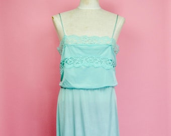 1970s Vintage Queens Way Light Blue Long Slip Dress or Nightie - Md
