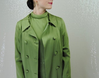Vintage 1960's Olive Green Mid Century Padded Collar Rare Silk Cocktail Dress Business Coat Set XS Small