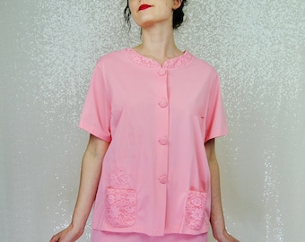 1960s Vintage Shadowline Pink Pajama 2 Piece Set - Md to Lg