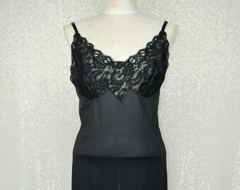 1960s Vintage Vanity Fair Black Slip Dress with Lace Trim - Lg