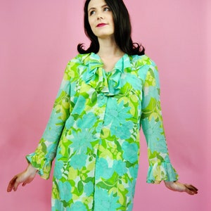 1960s Blue & Green Floral House Dress or Top  with Ruffled Collar and Sleeves WOUNDED- Md