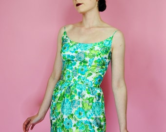 1950s 1960s Light Blue & Green Floral Wiggle Summer Sheath Cocktail Dress - XS