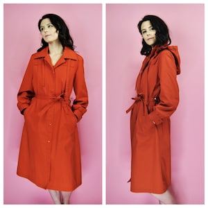 1970s RARE Vintage Orange Fall Trench Coat Jacket with Removable Hood - Md to L