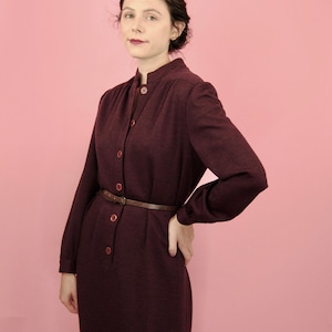 1980&#39;s Vintage Designer Adele Simpson Burgunday Plum Wool Knit Fall Winter Day Dress -  Md to Lg