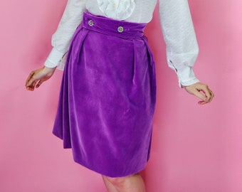 1960s Bright Purple Velvet Skirt with Rhinestone Buttons - Xs to Sm