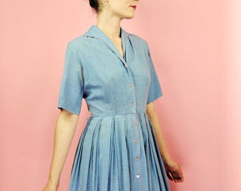 1950s Light Blue Front Button Shirtwaist Dress - Sm