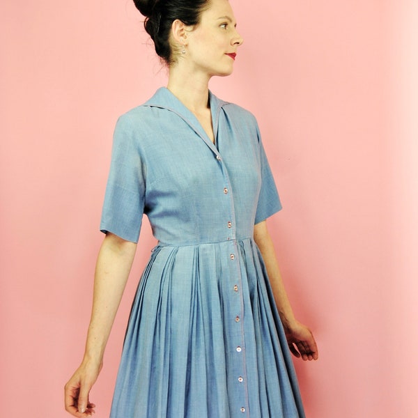 1950s Light Blue Front Button Shirtwaist Dress - Sm