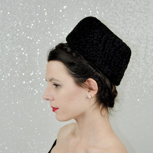 1960s Black Curly Lamb and Velvet Hat Topper
