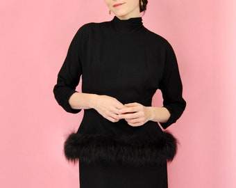 RARE 1950s Lilli Diamond Black Fur Peplum Wool Dress - Sm to Md