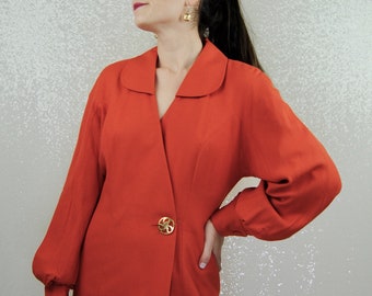 RARE 1980s Vintage Orange Ann Tobias Jacket Dress with Bishop Balloon Puff Sleeves- M