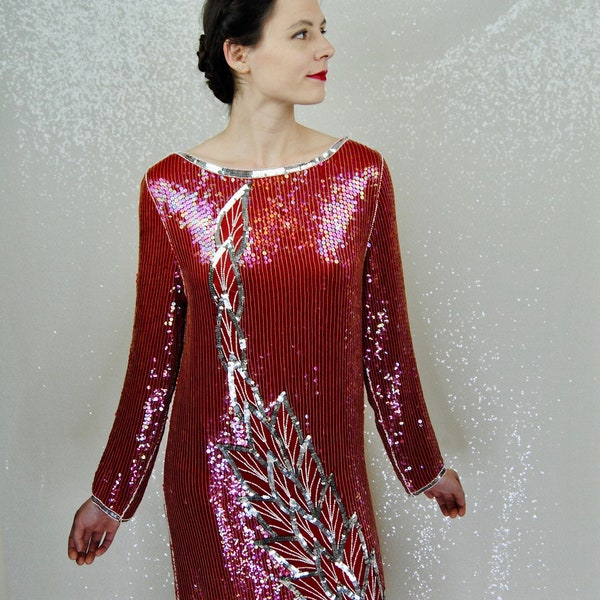 1970s / 1980s Red and Silver Sequined Dress - Sm