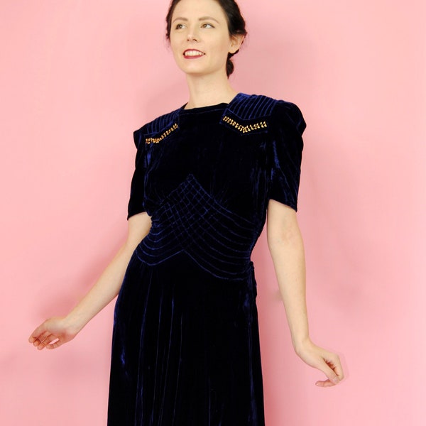 1930s 1940s Royal Blue Sapphire Velvet Holiday Dress with Gold  Embellishments- Xs to Sm