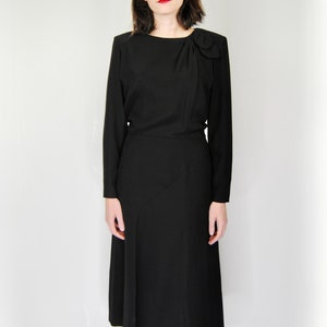 1980s Vintage Hanae Mori Japanese Designer Black Long Sleeve Midi Business Dress - Sm