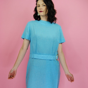 Vintage 1960&#39;s MOD Summer Blue Day Dress Sun Dress sheer plastic belt  Buckle- Md