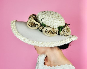 1960s Vintage Winkelman's Cream Floppy Straw Sun Hat with Taupe Roses