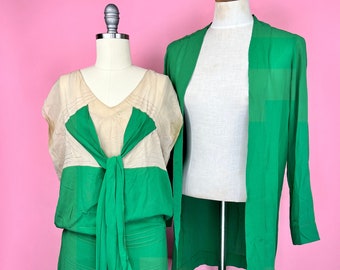 RARE Antique 1920s Vintage Green Cream 3 Piece Silk Flapper Dress Jacket Set WOUNDED - XS