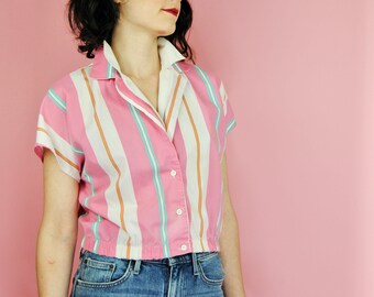 1980s Eber Pink and White Striped Double Collar Cropped Top Polo- Sm to Md