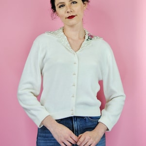 1950s 1960s Vintage Cream Cardigan with Sequined Collar - Sm to Md