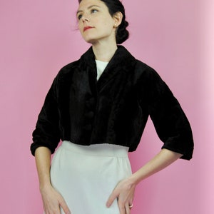 1950s 1960s Black Faux Fur Cropped Jacket Bolero - Xs to Sm