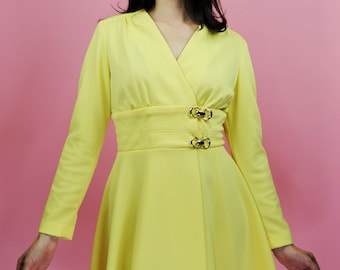 1960s Vintage Bright Yellow Mini Wrap Skater Dress - Sm