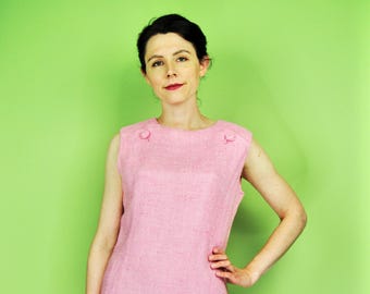 1960s Vintage Stacy Ames Summer Pink Woven Textured Shift Dress -Md