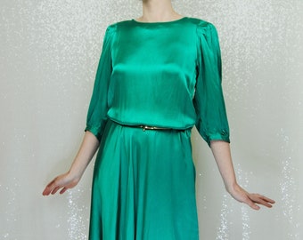 1980s Vintage Nora Noh Jewel Tone Green Silk Dress - Sm to Md