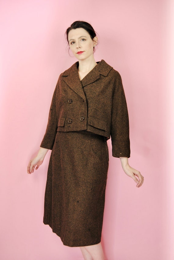 1960s Vintage Brown and Black Suit Set Wounded - L