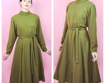 1950s 1960s Vintage MOD Brown-Olive Green Cozy Wool Dress-  Md to Lg