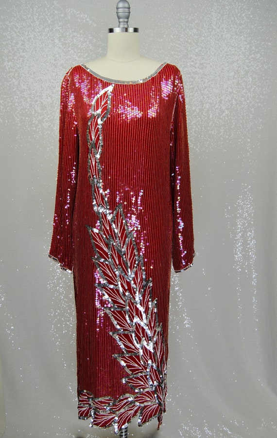 1970s / 1980s Red and Silver Sequined Dress - Sm - image 5