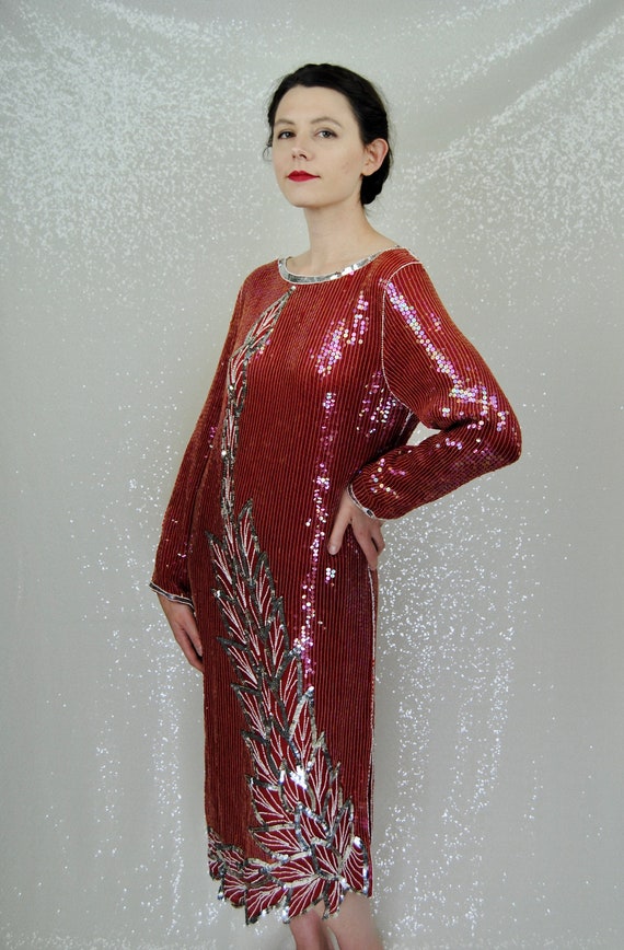 1970s / 1980s Red and Silver Sequined Dress - Sm - image 2