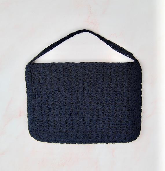 1930s 1940s Navy Blue Corde Purse with Corde Handle