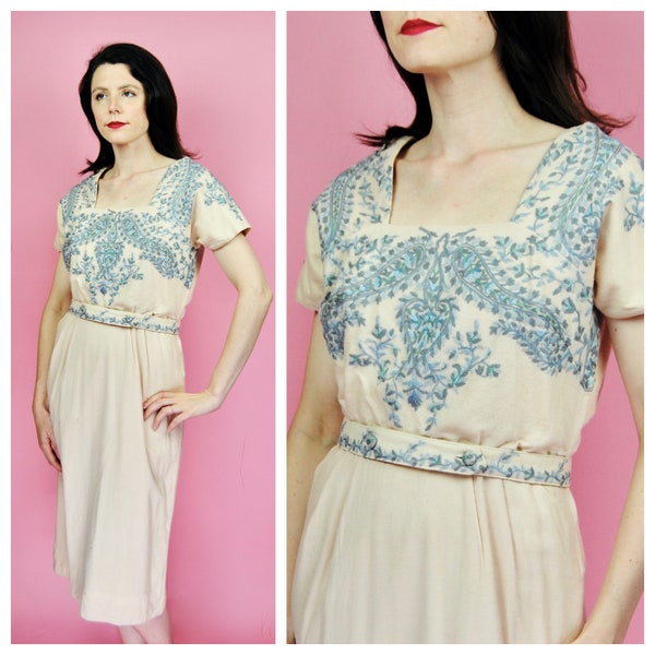 1950s 1960s Vintage Cream Pale Pink Blue Embroidered Wool Dress - Md to Lg